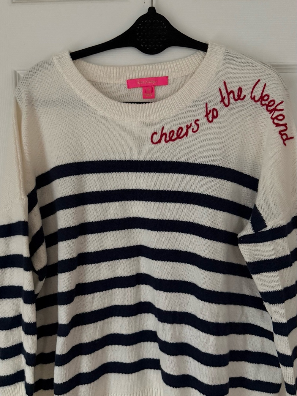 Lilly Pulitzer White Navy Striped Crewneck Sweater with Red Script